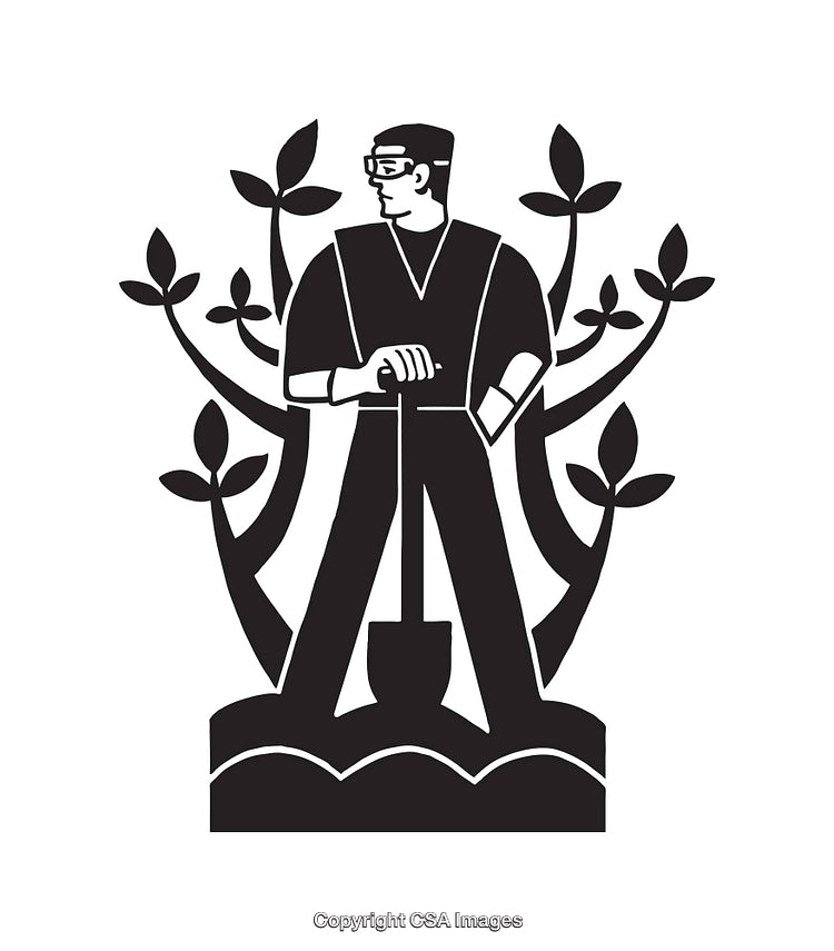 Black and White Line Art of a Man with a Shovel Surrounding by Branches