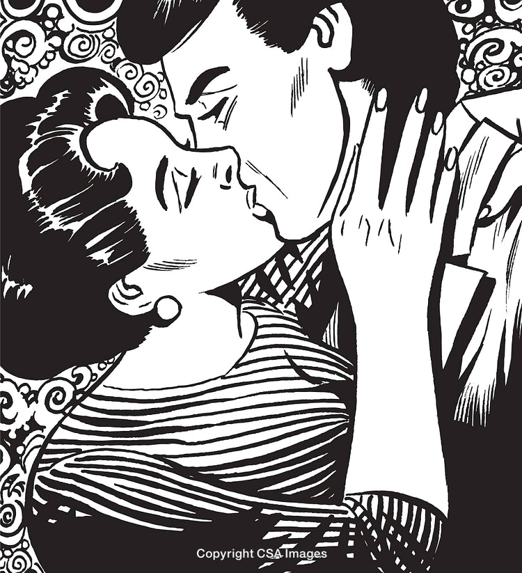Romantic Couple Sharing a Kiss in Vintage Style Illustration