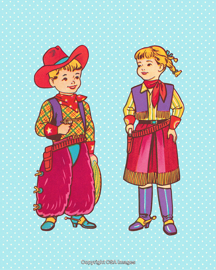 Retro Illustration of Children Dressed as Cowboys on Decorative Background