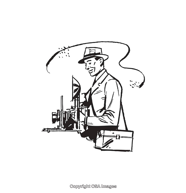 Black and White Illustration of a Photographer Operating a Vintage Camera