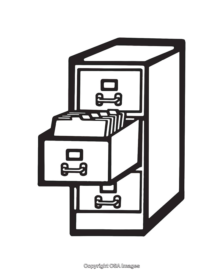 Black and White Line Illustration of a File Cabinet with Open Drawer