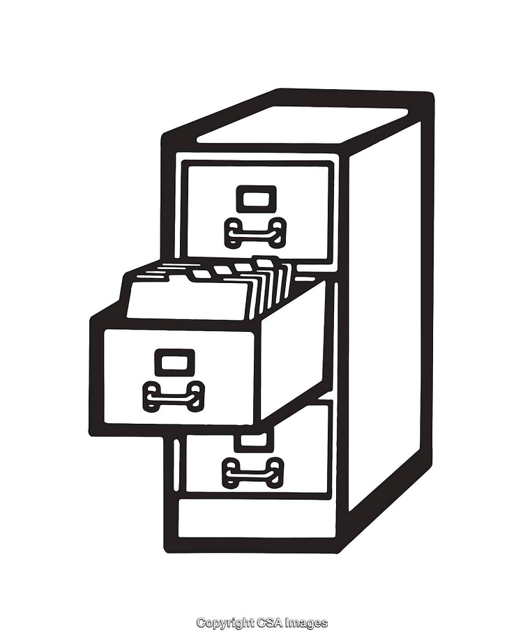 Black and White Line Illustration of a File Cabinet with Open Drawer