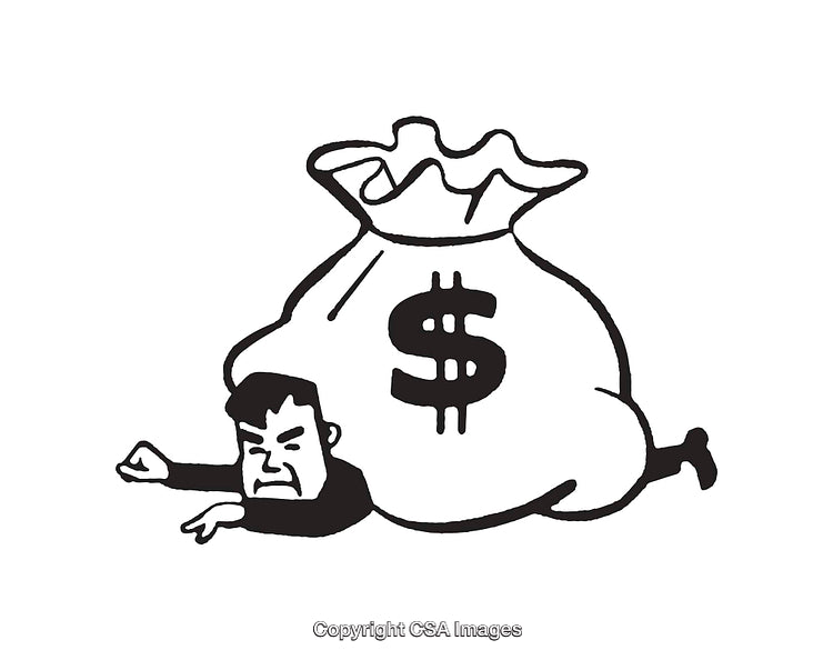 Cartoon Illustration of Person Struggling Under Large Money Bag