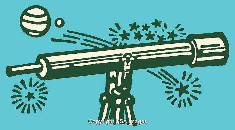 Stylized Telescope with Planet and Star Illustrations on a Blue Background