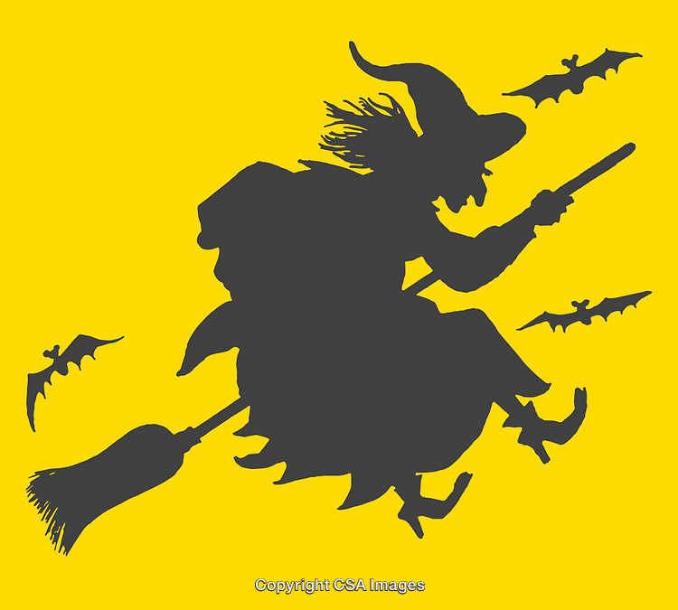 Silhouette of a Flying Witch with Bats on a Bright Yellow Background