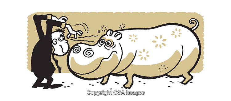 Humorous Cartoon of a Man Staring Into a Hippopotamus's Wide Eyes