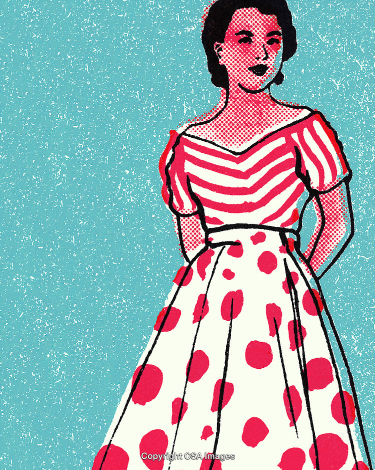 Vintage Pop Art Illustration of Woman in Polka Dot and Striped Dress
