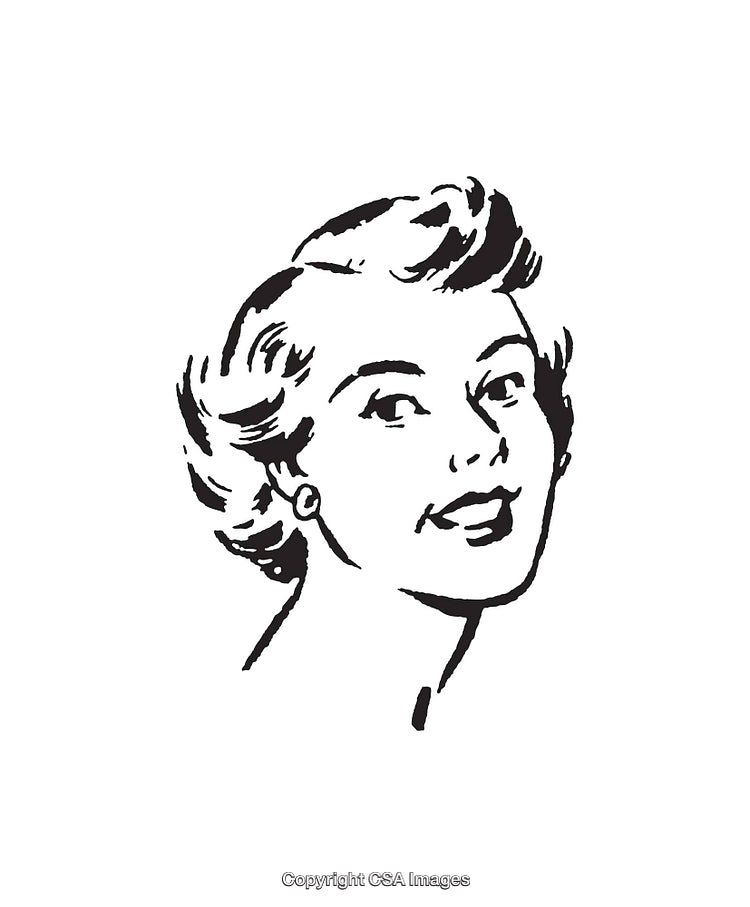 Retro Style Portrait Illustration of Smiling Woman in Black and White