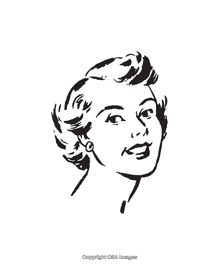 Retro Style Portrait Illustration of Smiling Woman in Black and White