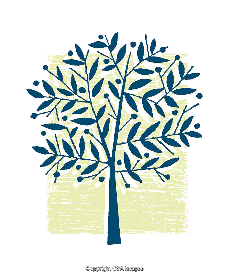 Hand-Drawn Blue Tree Illustration with Green Abstract Background