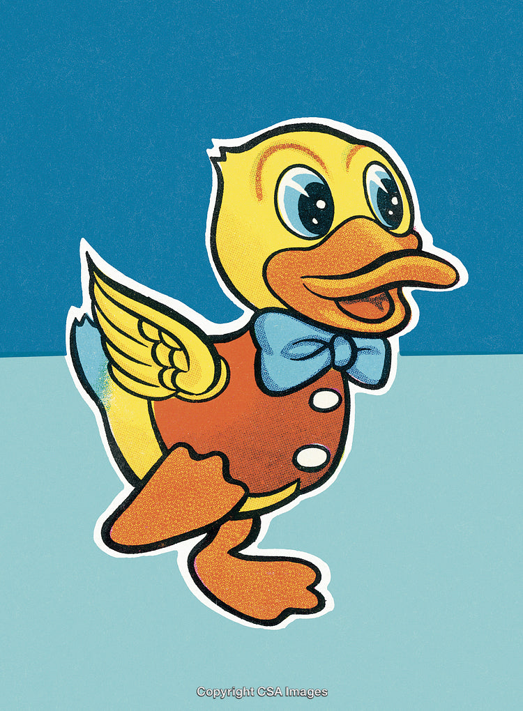 Colorful Cartoon Duck Illustration With Bow Tie on a Two-Tone Background