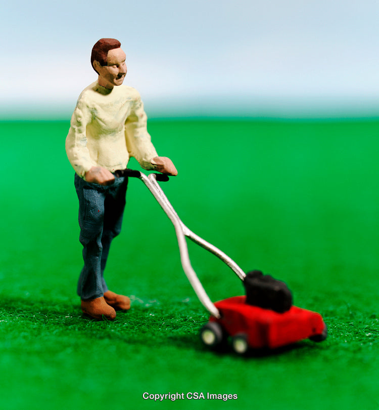 Toy Figure Pushing Lawn Mower on Green Surface with Blue Background