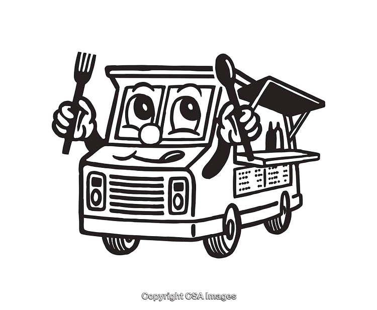 Black And White Cartoon Food Truck Illustration With Utensils