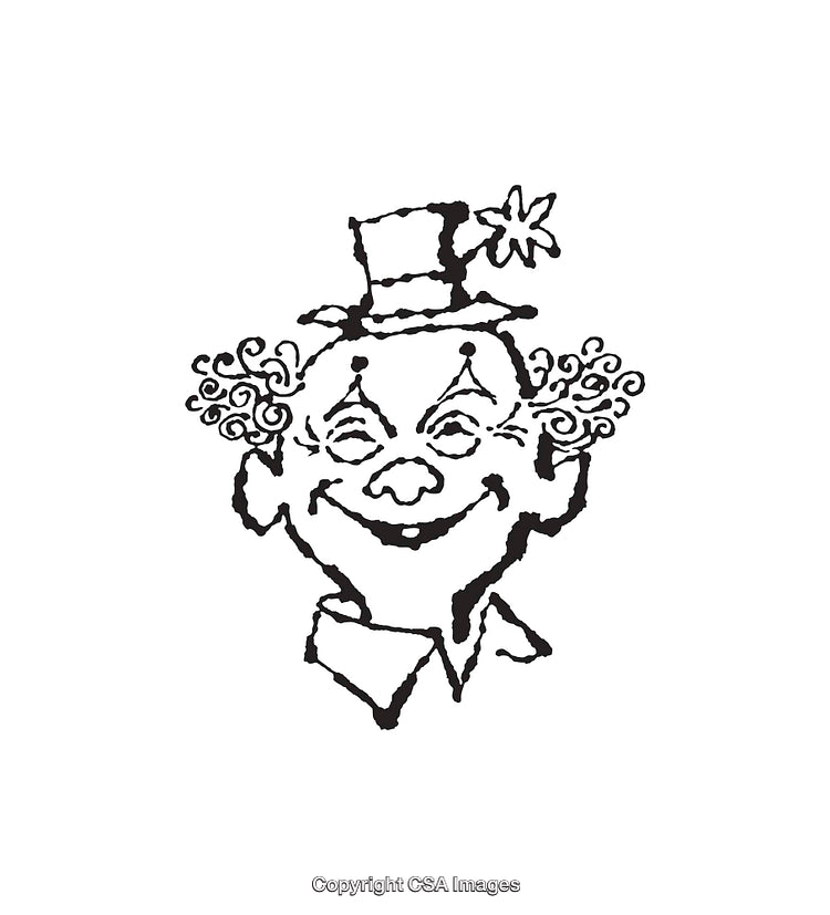 Black and White Line Art Illustration of a Happy Clown Face Drawing