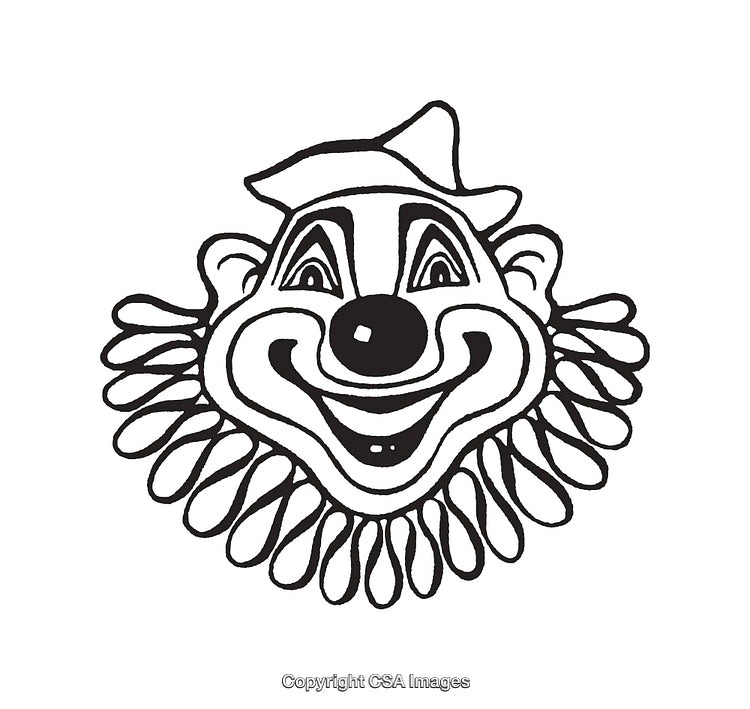 Black and White Line Art Illustration of a Cheerful Circus Clown Face