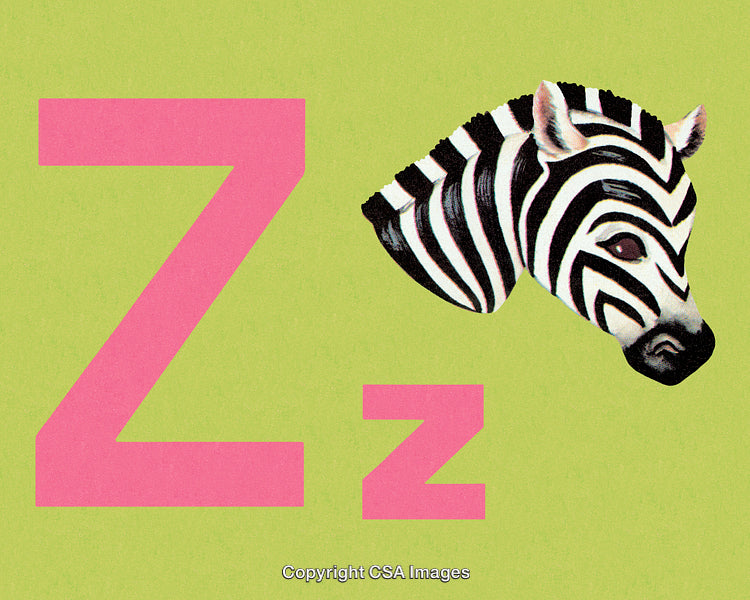 Illustrated Cute Zebra with Pink Letter Z on Lime Green Background