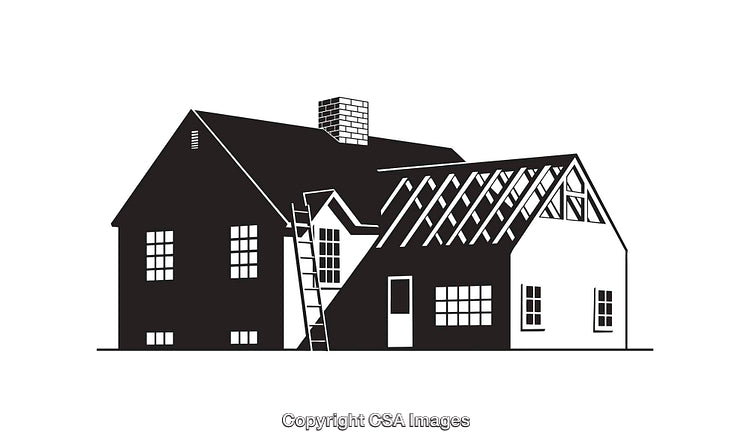 Black and White Illustration of a House Undergoing Renovation Process
