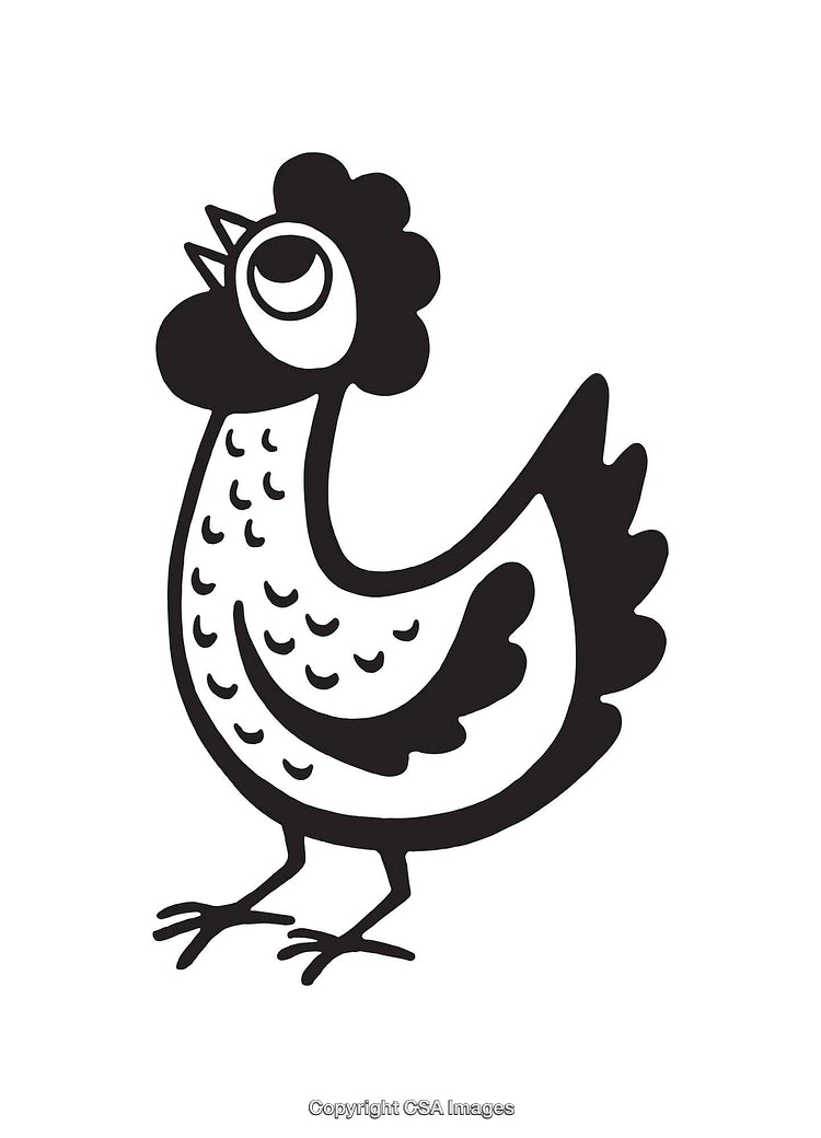Black And White Line Art Illustration of a Chicken with Expressive Features