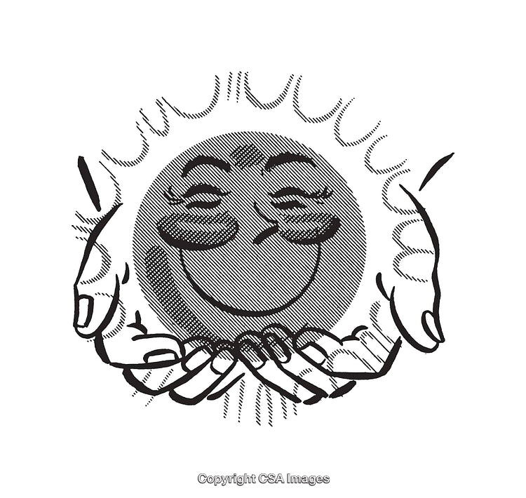 Black and White Line Art of Sun Face Held in Hands