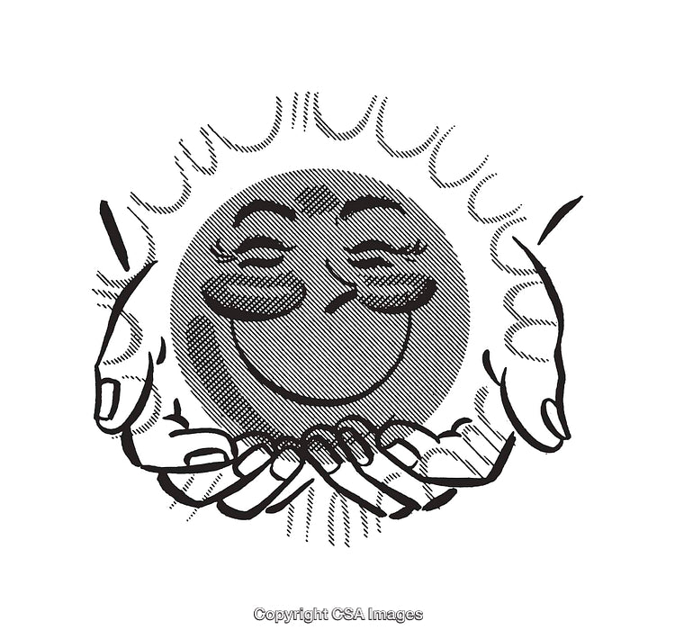 Black and White Line Art of Sun Face Held in Hands