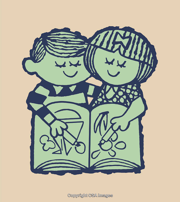 Adorable Children Reading Together in Vintage Style Illustration