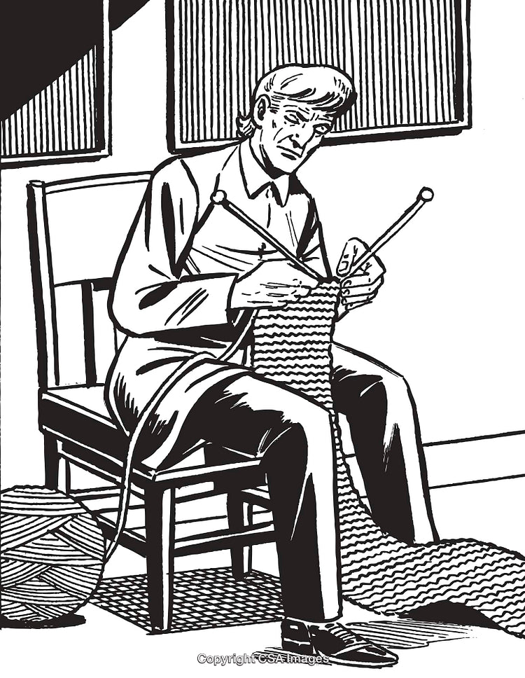 Black and White Drawing of Person Knitting in a Calm Setting