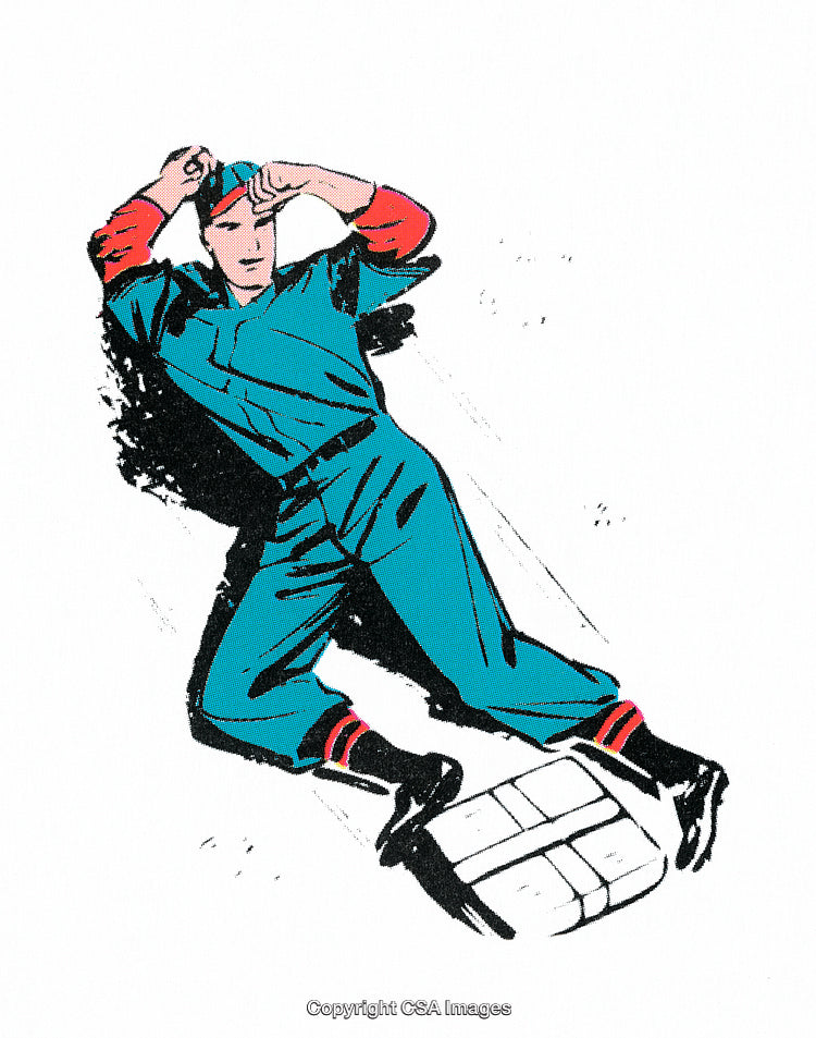 Baseball Player Sliding into Base in Classic Comic Illustration Style