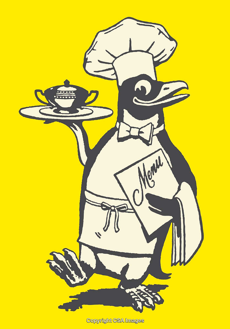 Cartoon Penguin Chef Holding Menu and Serving Tray on Yellow Background