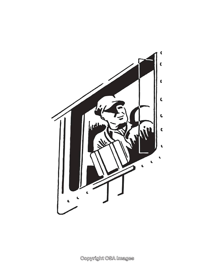 Monochrome Illustration of a Worker in a Train Compartment