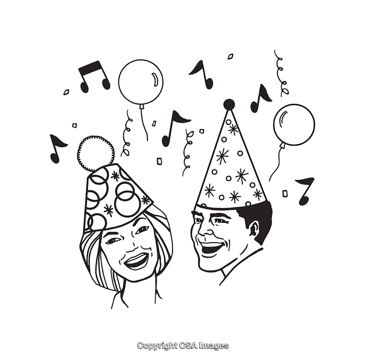 Festive Celebration Scene with Party Hats and Musical Notes in Line Art