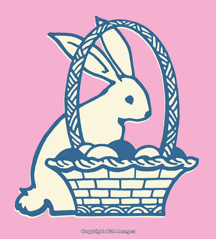 Cute Bunny and Easter Basket Art in Pink and Blue Tones