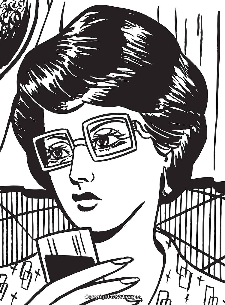 Retro Illustration of a Woman with Glasses and Phone Displaying Emotions
