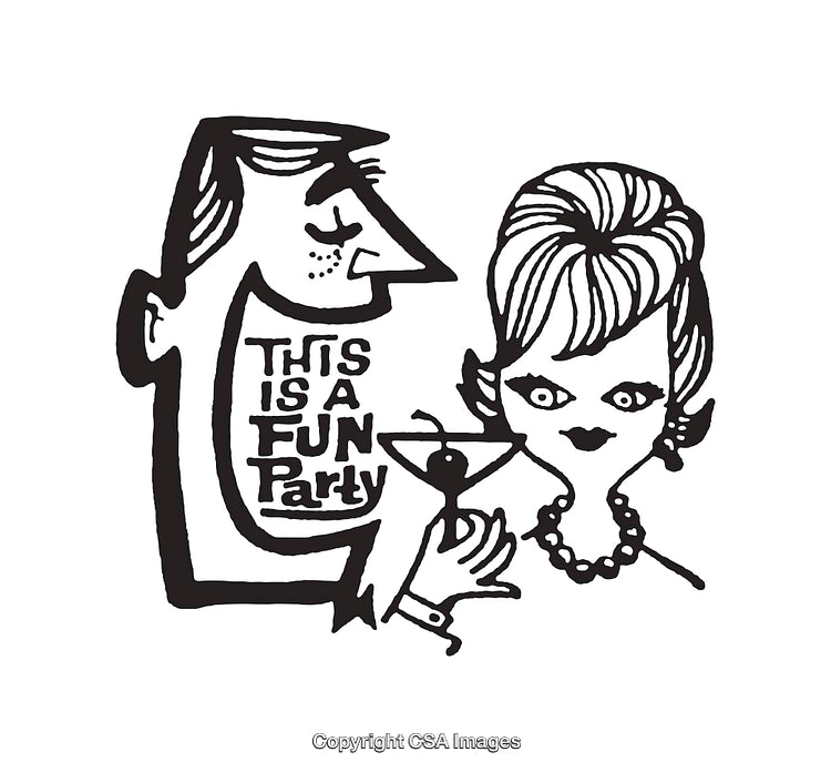 Retro Black and White Party Illustration Featuring Fun Characters