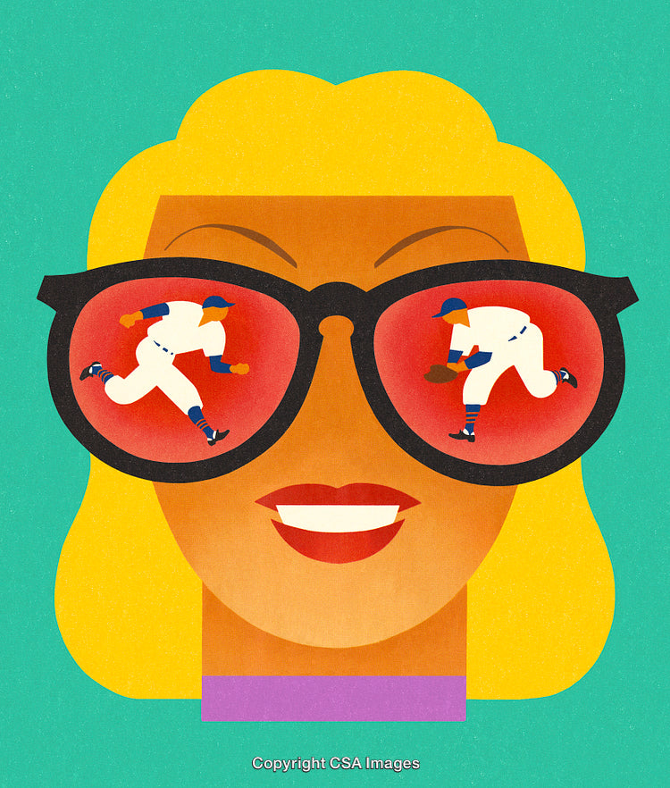 Illustration of Baseball Action Reflected in Sunglasses of Smiling Woman