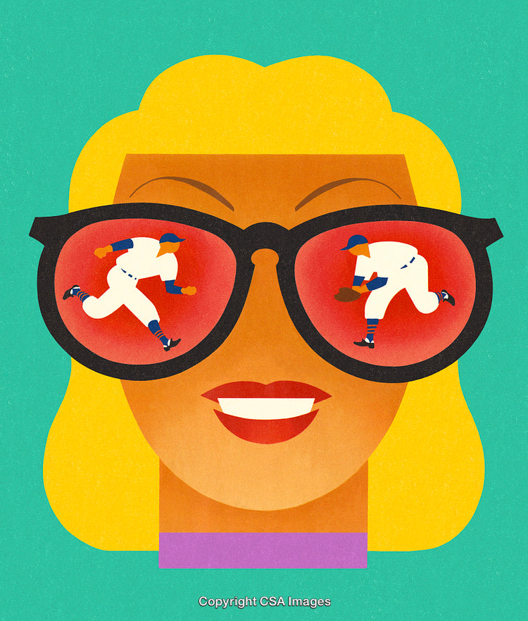 Illustration of Baseball Action Reflected in Sunglasses of Smiling Woman