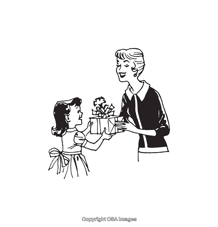 Vintage Line Art of Girl Giving Gift to Woman Smiling