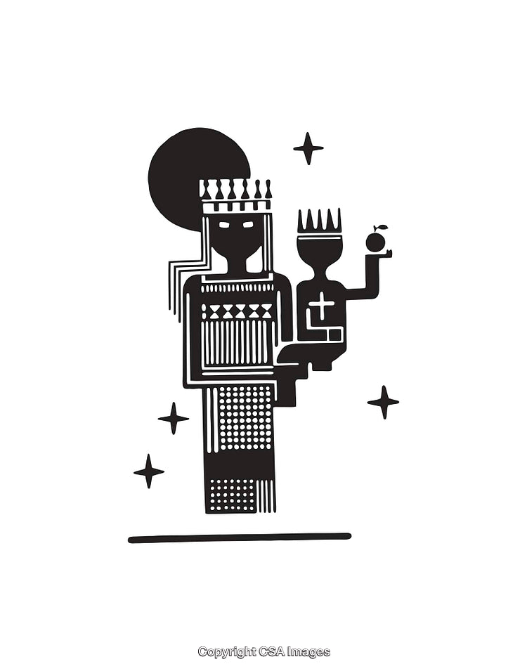 Stylized Black and White Icon Depicting Figures with Symbolic Elements