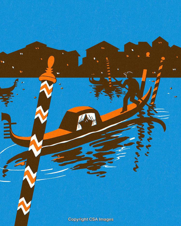 Illustration of Venetian Gondola on Canal with Scenic Blue Background