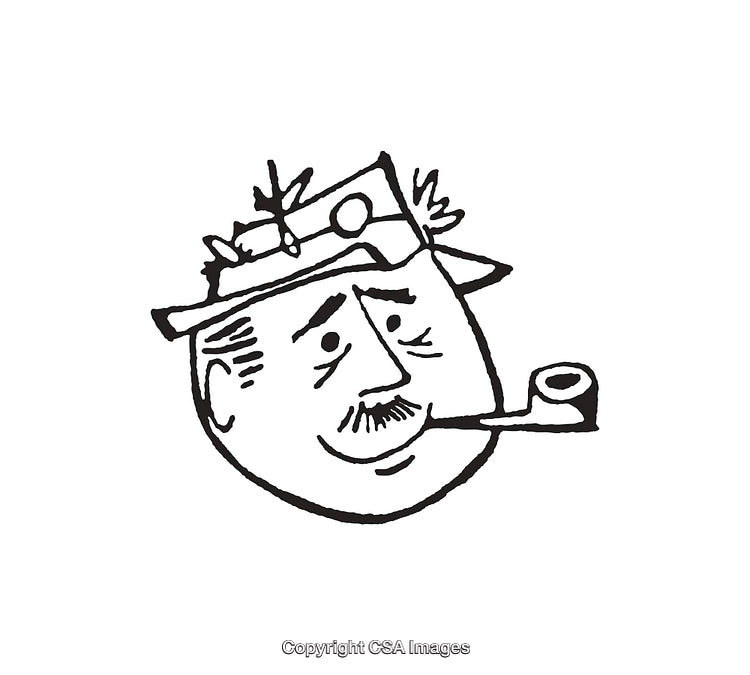 Black and White Line Art Illustration of a Man With a Pipe and Hat