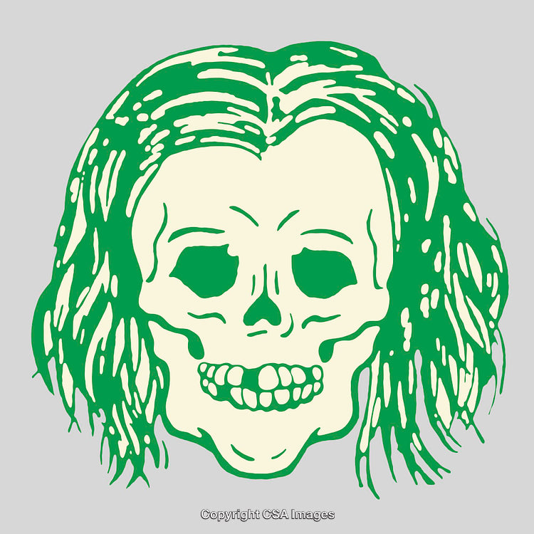 Line Art Illustration of a Skull With Green Hair on Gray Background