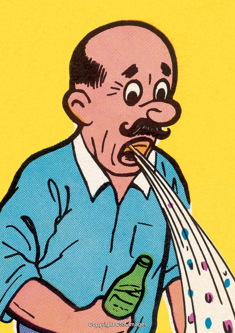Humorous Retro Comic Illustration of Surprised Man Spilling Drink