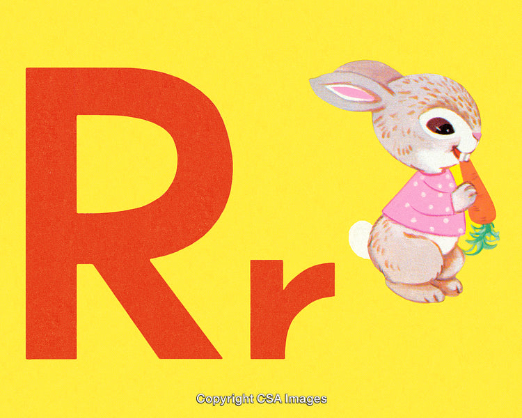 Illustrated Bunny Eating a Carrot with Letter R on Colorful Background