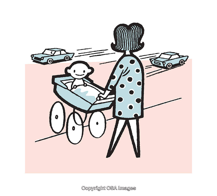 Illustration of Parent Pushing Baby Stroller on a Busy Street