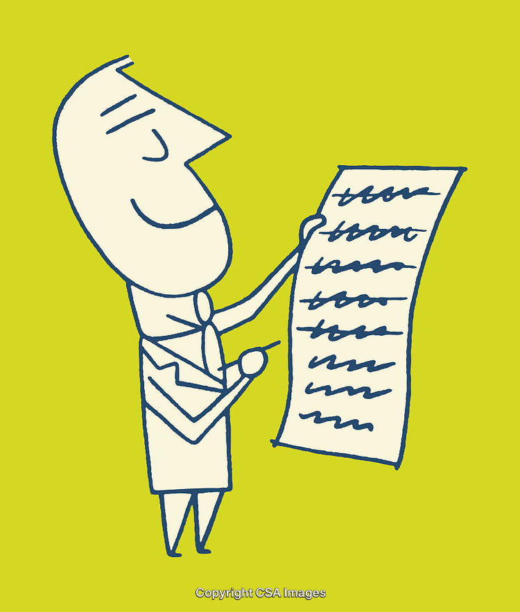 Business Character Reviewing a Long Document On a Bright Background