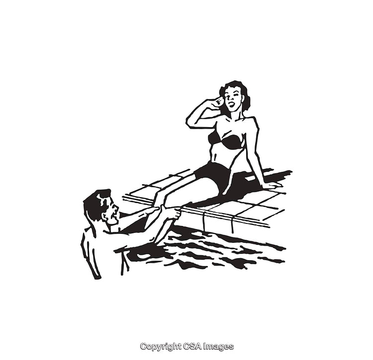 Vintage Black and White Illustration of a Swimming Pool Scene