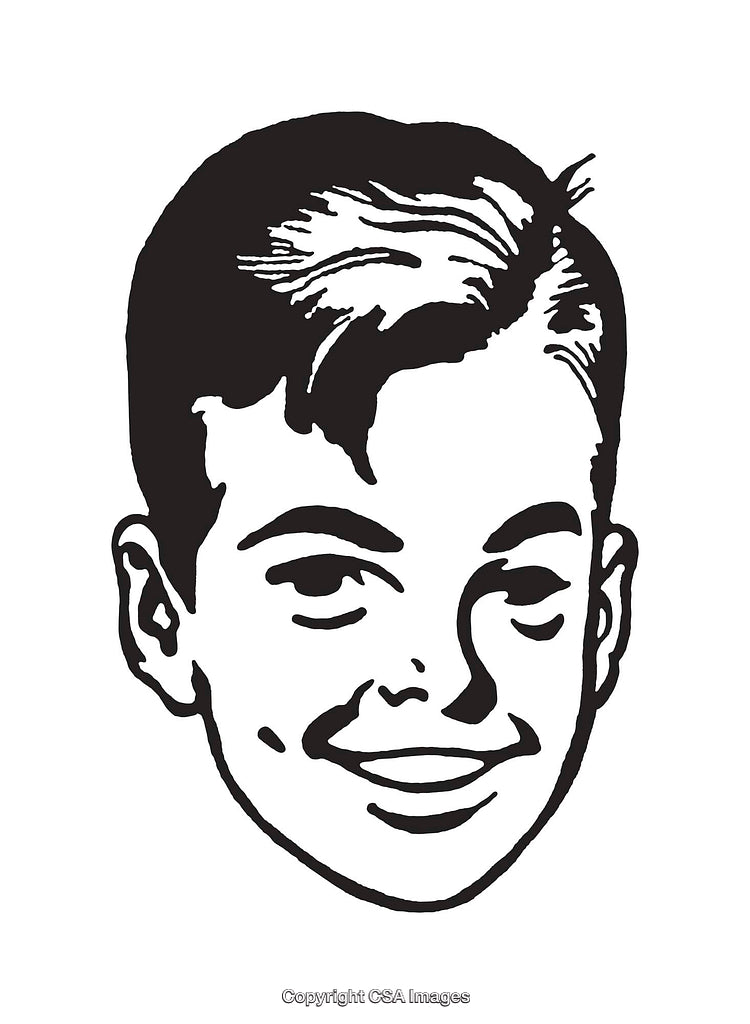 Black and White Retro Boy Illustration with Smiling Expression