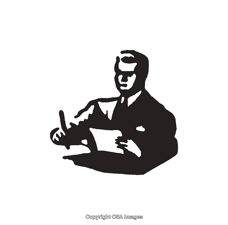 Illustration of a Businessman Writing at a Desk in Black and White