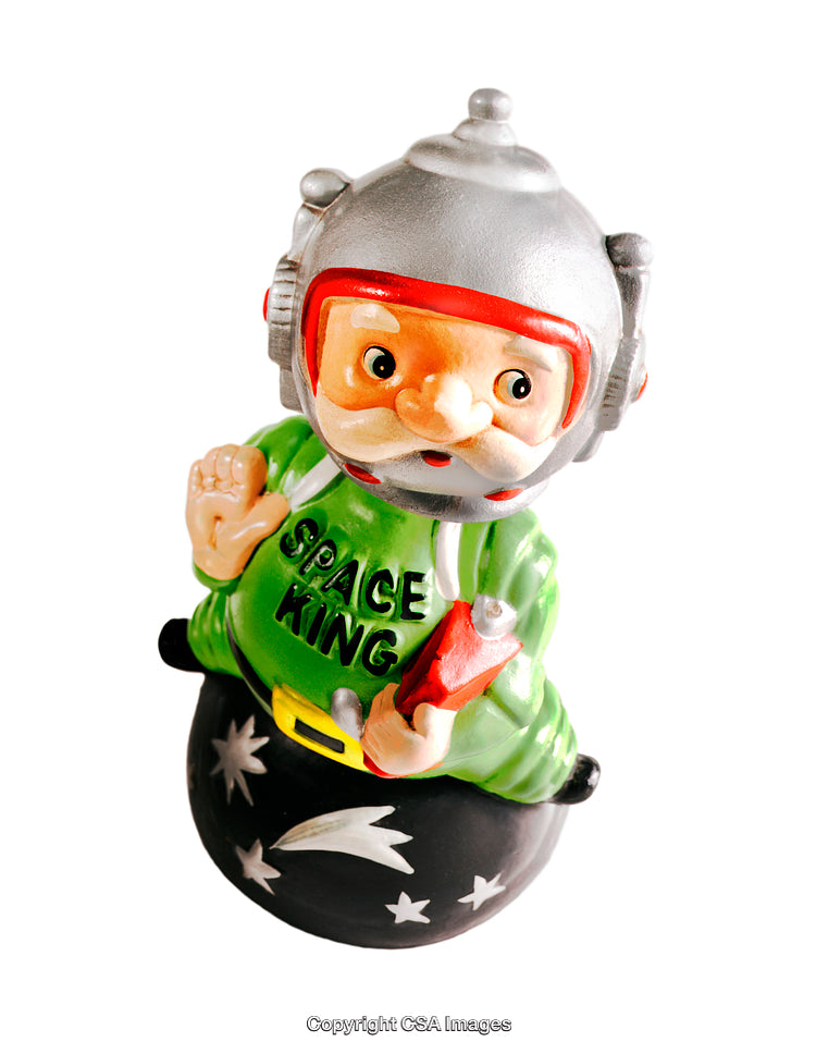 Retro Space King Toy Figurine with Astronaut Helmet and Vibrant Green Suit