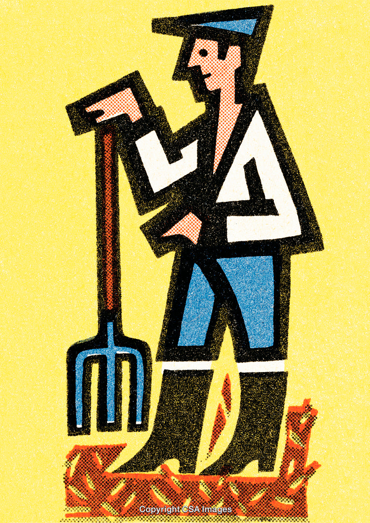 Stylized Farmer Illustrative Artwork with Pitchfork and Abstract Design Elements