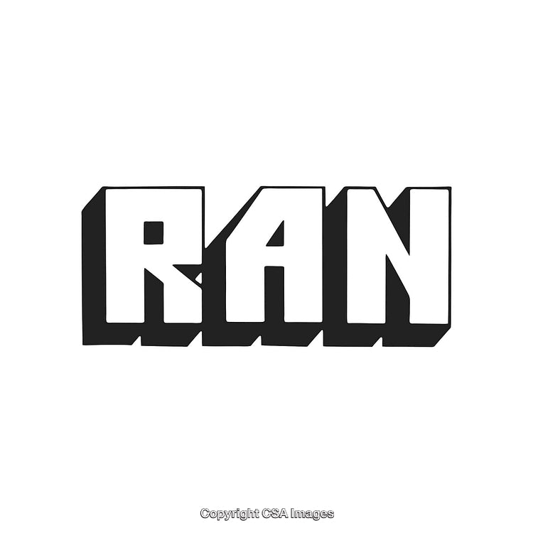 Bold Black and White 3D Text Art of the Word 'RAN'